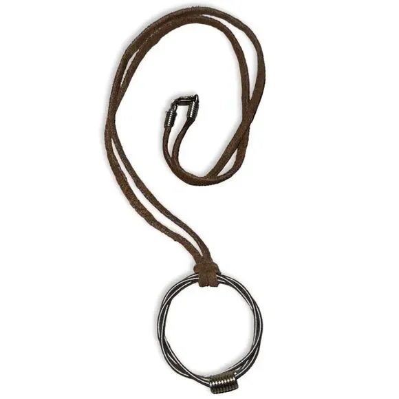 Vintage Modernist Round Braided Pendent Brown Leather Rope 925 Silver Necklace